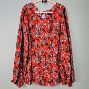 Jason Wu Women's Long Sleeve Foil Print Woven Blouse, Lace Trim, Pumpkin, S NWOT